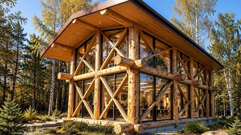 Беседка из бревна по технологии Пост энд Бим (post&beam) размером 8 на 12 метров.